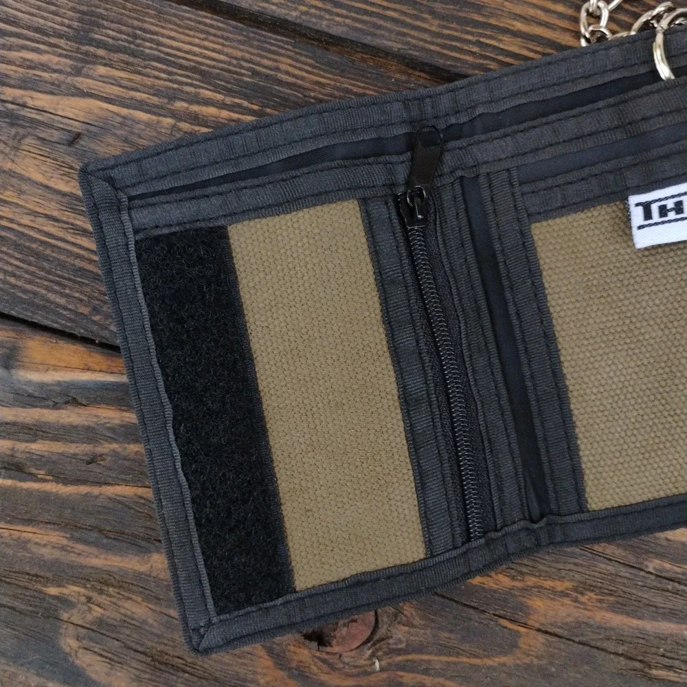 THC Khaki HASH Hook and Loop Embroidered Fabric TriFold Wallet With Chain